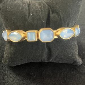 Vintage Faux Gold and Geometric- Cut Moonstone Bangle Bracelet - Magnetic Clasp